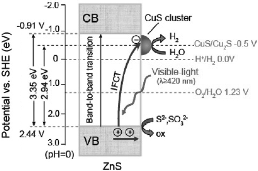 Schematic illustration for visible light induced IFCT from the valence band of ZnS to the CuS clusters in CuS/ZnS system[72].