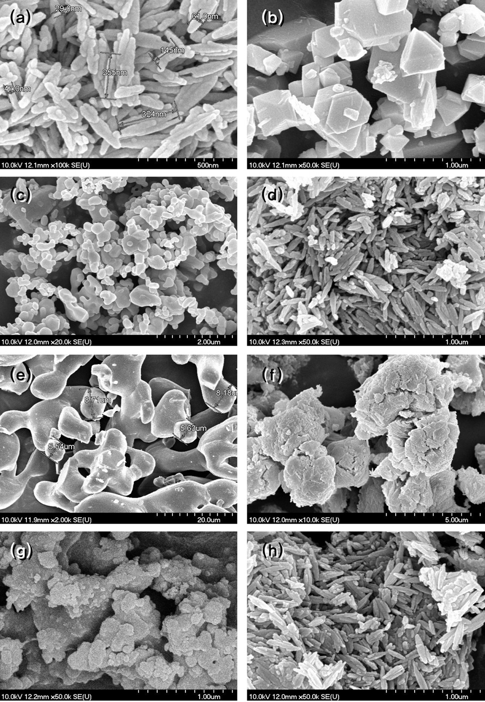 SEM photomicrographs of sorbents:(a) α-FeO(OH), (b) Fe3O4, (c) Fe2O3, (d) Fe-C(powder), (e) CaO, (f) Ca(OH)2, (g) CaH-C, (f) α-FeOOH/Ca(OH)2 mixture.