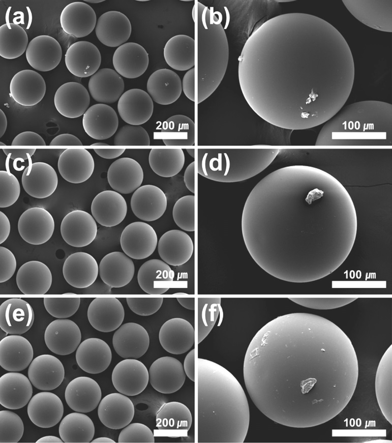 SEM images of PMMA microsphere simply dipped into graphene dispersed water solution. Surfactants are SDS ((a), (b)), NaDDBS ((c), (d)) and Triton X-100 ((e), (f)).