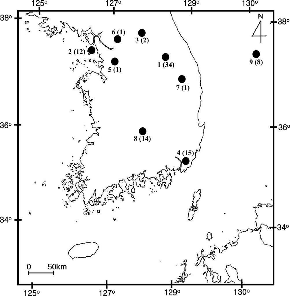 Sampling location of Bombus ignitus in Korea. General
locality names and number of sequence indicated are as follows: 1,
Jeongseon, Baekjeon-ri, Gangwondo Province; 2, Youngheungdo,
Incheon City; 3, Chuncheon City, Gangwondo Province; 4,
Busan City; 5, Suwon City, Gyeonggido Province; 6, Namyangju,
Gyeonggido Province; 7, Taebaek City, Gangwondo Province;
8, Jungseon, Gangwondo Province; and 9. Muju, Jeollabukdo
Province.