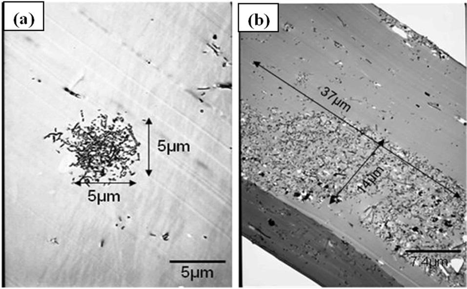 Characteristic transmission electron microscopy images used to
quantify the average size of agglomerations for (a) material configuration
2 at 4000× magnification and (b) material configuration 3 at 2700× magnification.