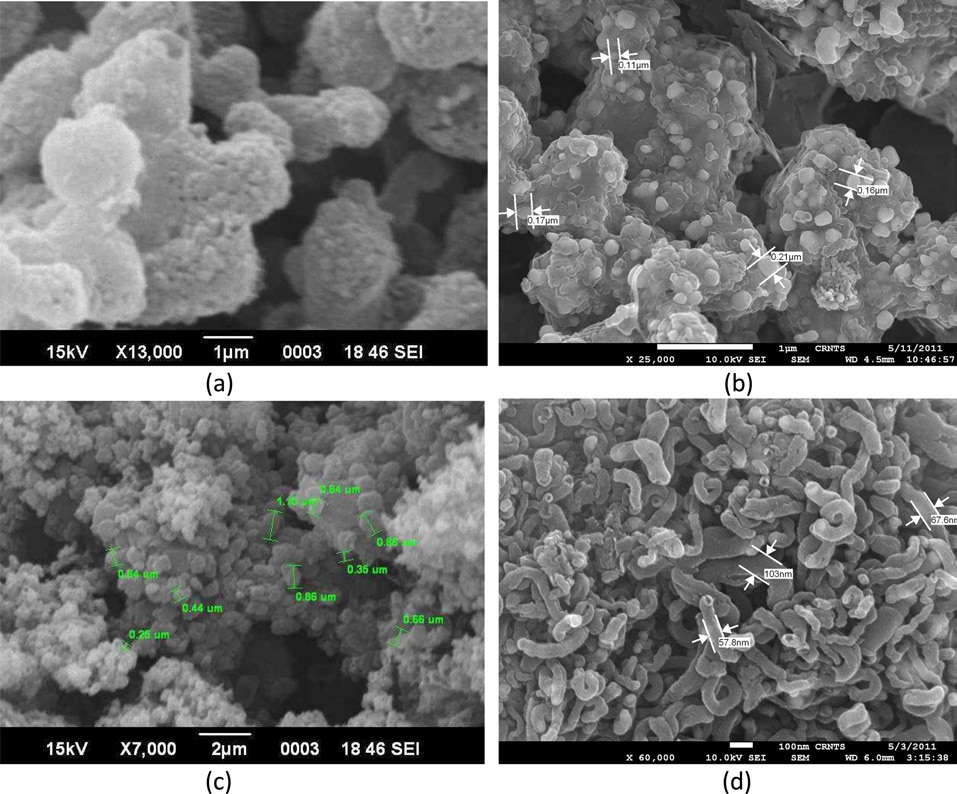 Morphology of carbon from neem oil under different pyrolytic
conditions: (a and b) scanning electron microscopy (SEM) of carbon
synthesized in the presence of Ar & Co at 500℃ showing the formation
of carbon nano beads. (c) SEM of carbon nano beads synthesized in the
presence of H & Zn at 700℃, and (d) high-resolution SEM of C synthesized
in the presence of N & Ni at 900℃ showing the formation of small carbon
nanotubes.