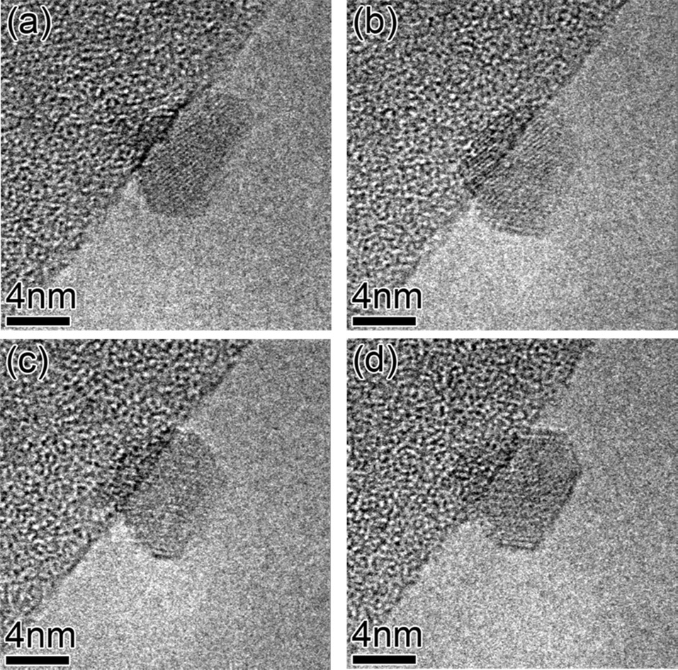 In-situ transmission electron microscope images recorded during
annealing at 510℃ in 7.5 mTorr of H2. Series of images from (a) to (d)
shows the evolution of the Fe catalyst shape during annealing in H2.
