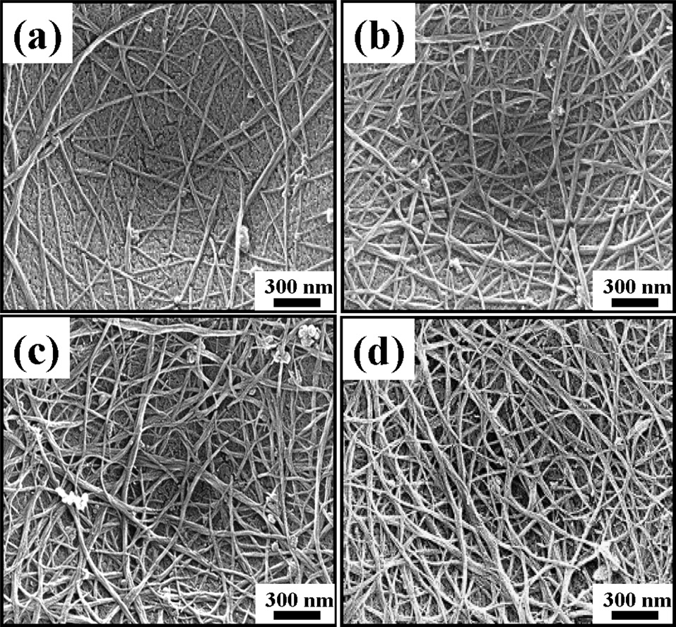 Field emission scanning electron microscopic images of singlewalled
carbon nanotube network film coated with different dipping
number; (a) 100, (b) 200, (c) 300, and (d) 400 times.