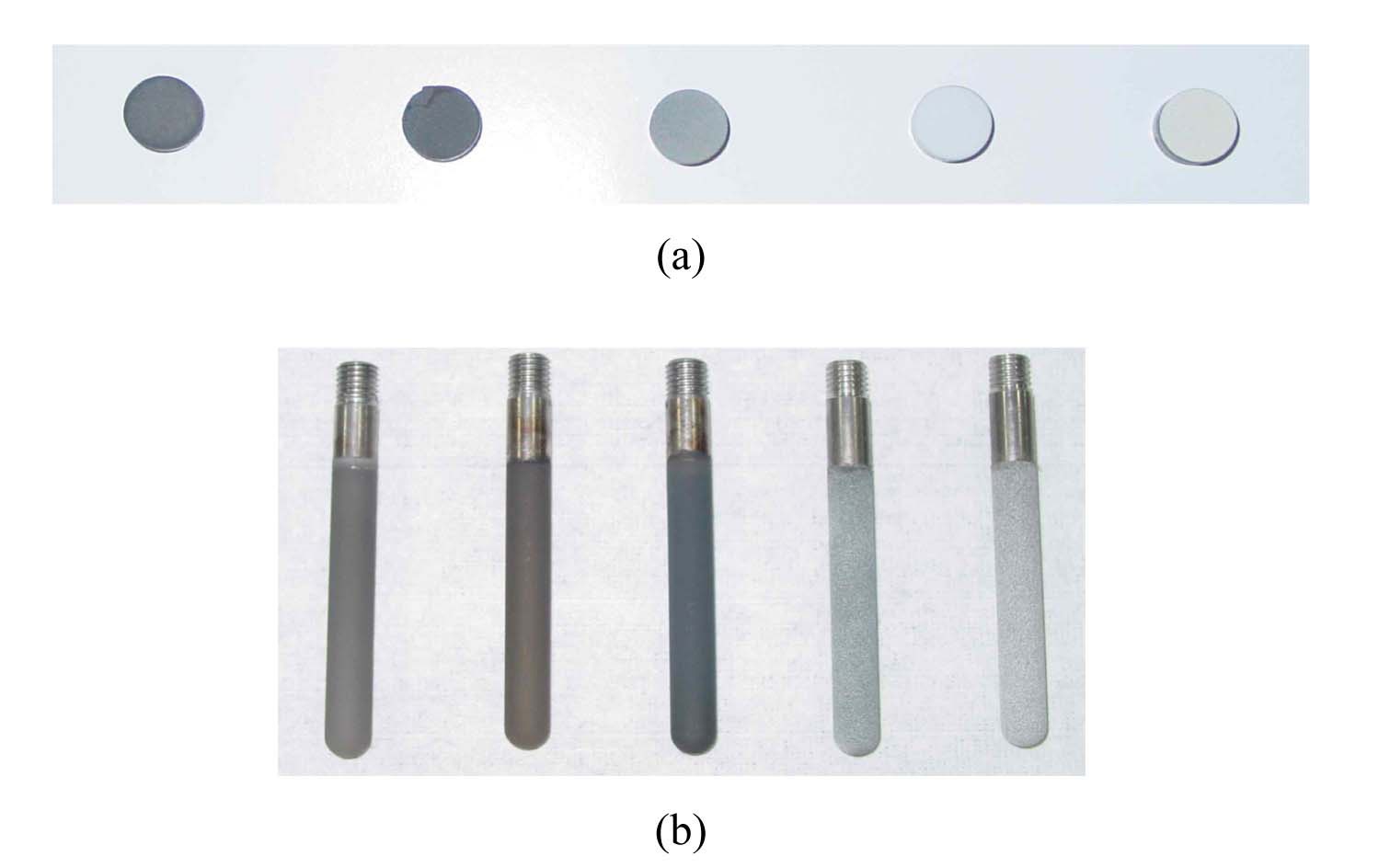 Coated Discs for Thermal Cycling Test (a) and Coated Niobium Rods for Melt Dipping Test (b): TaC, TiC, ZrC, ZrO2, and Y2O3 from Left to Right