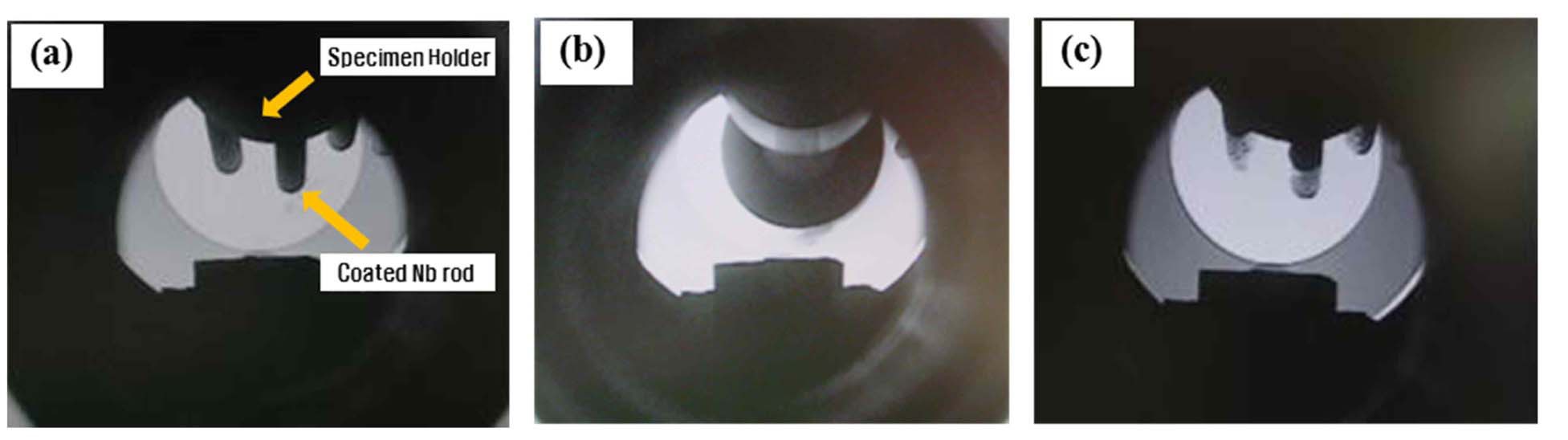 Scenes of Dipping Test of Ceramic-coated Rods in U-10wt.%Zr Melt in Induction-melting Furnace: (a) before Dipping, (b) in Dipping, (c) after Dipping