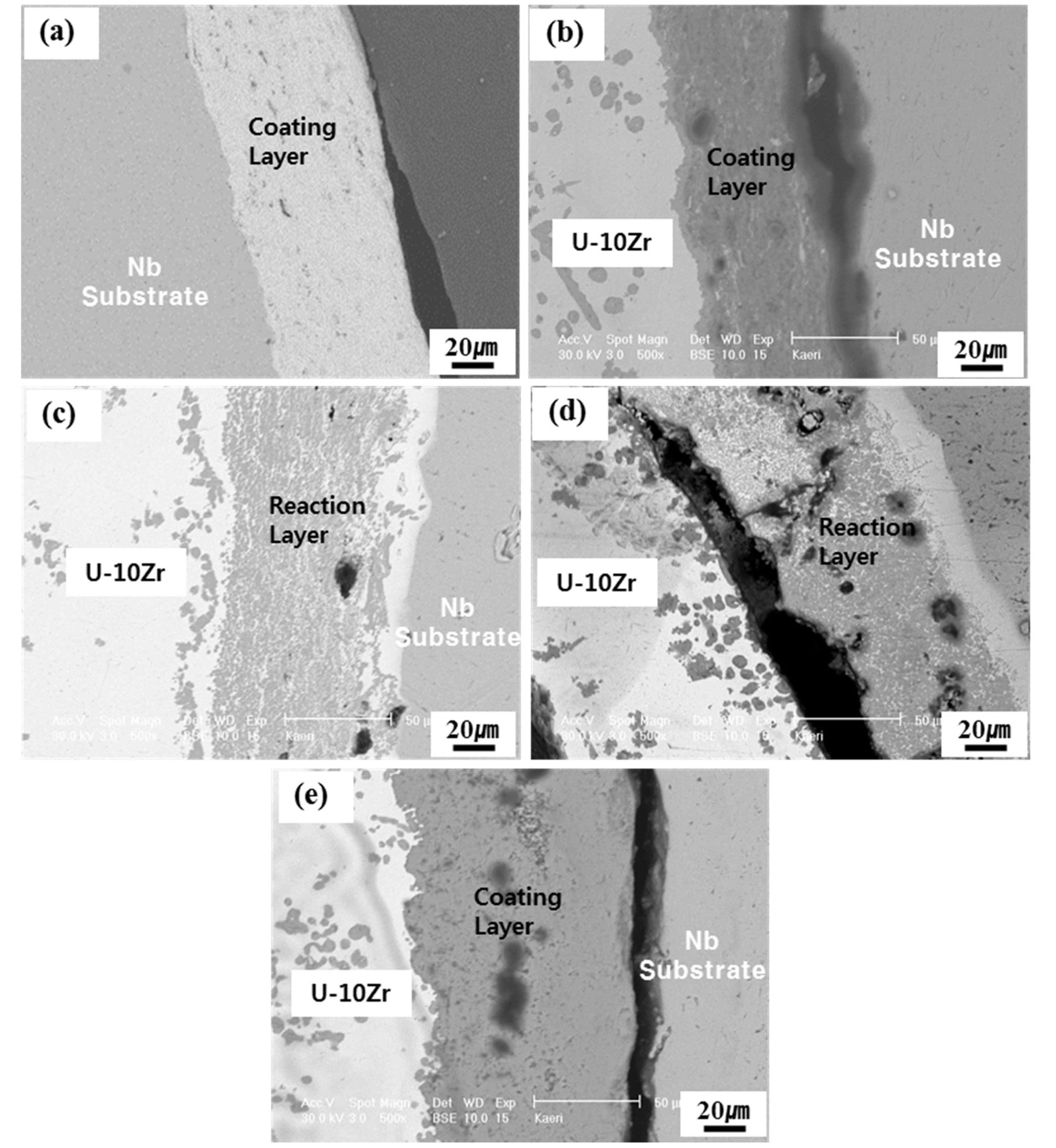 Cross-sectional SEM Micrographs showing the Interface between U-10wt.%Zr and Ceramic Coating Layer on Nb Substrate after Dipping at 1600℃ for 5min. and Cooling in a Separated State from the Melt: (a) TaC, (b) TiC, (c) ZrC, (d) ZrO2, and (e) Y2O3