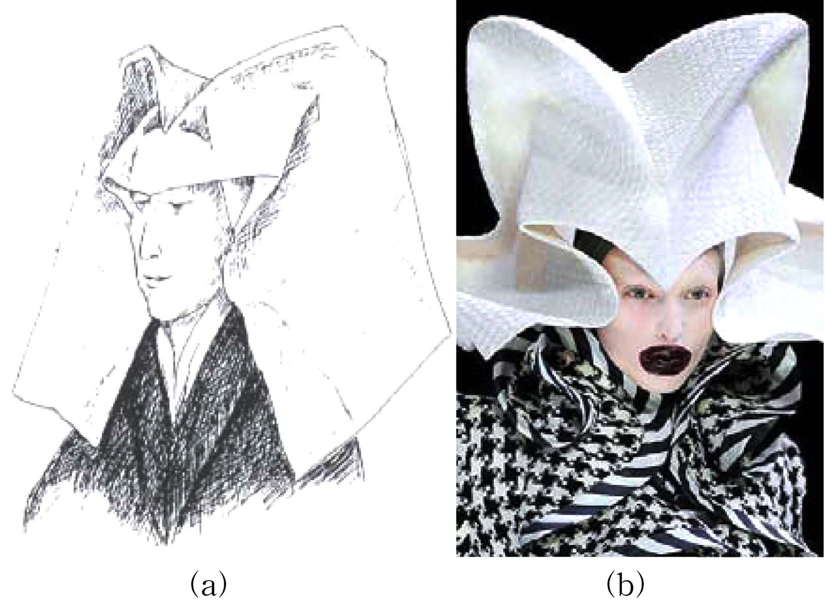(a) Veil, HATS: A history of fashion in headwear, p.59, (b) Alexander Mcqueen 2004 S/S. www.style.com.