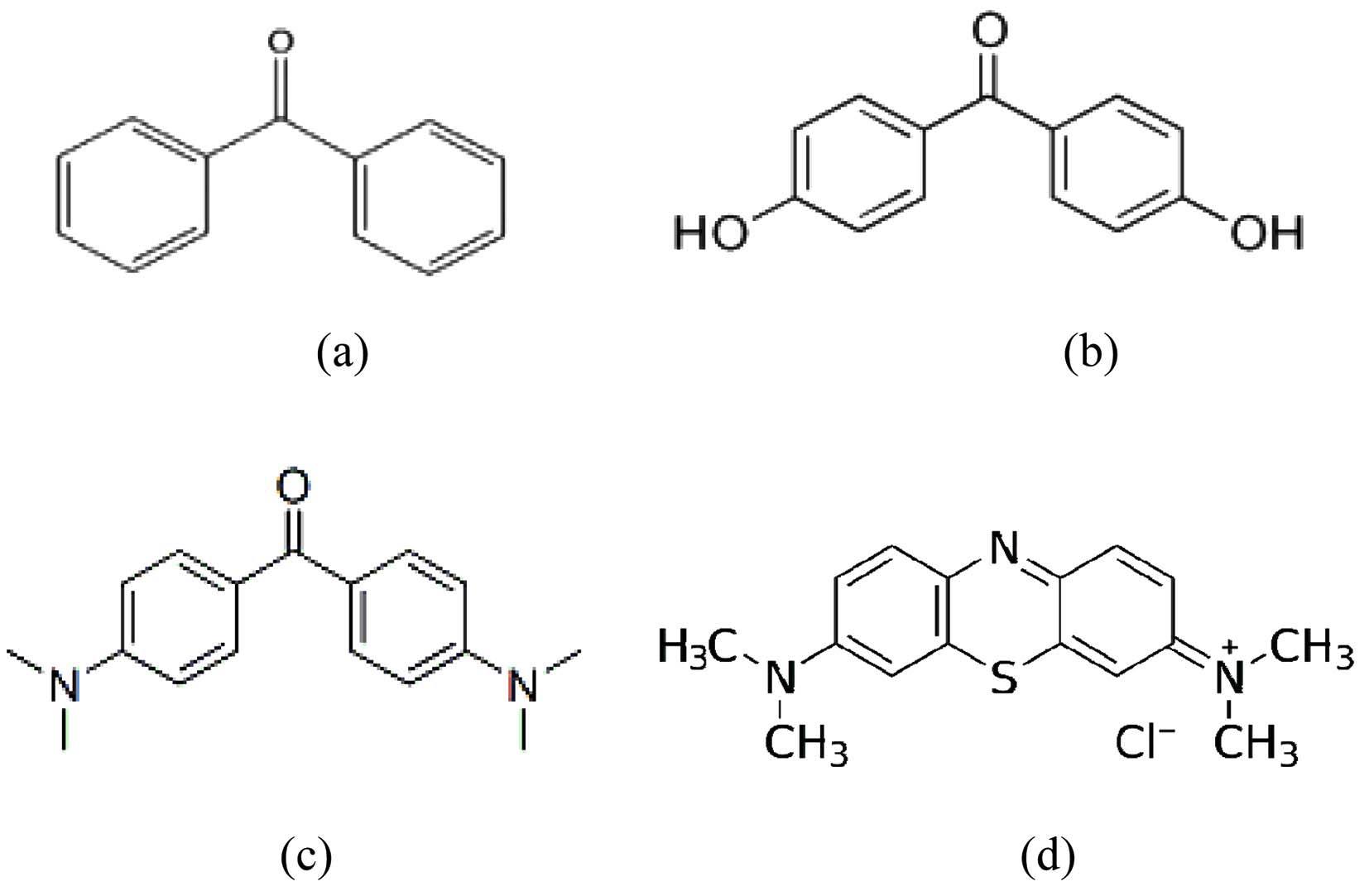 Chemical structures of photosensitizers; BP(a), DHBP(b), MK(c), and MB(d).