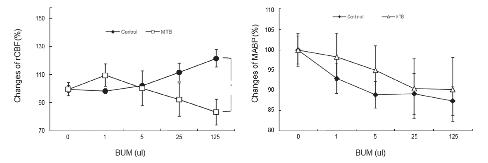 Effects of pretreatment with methylene blue on the (A) rCBF and the (B) MABP when BUM is administered in normal rats. The data are
expressed as eans ± SEs (n = 8/group). Control is the non-treated group; MTB is the methylene-blue (0.01-mg/kg, intraperitoneal)-treated group,
rCBF means regional cerebral blood flow; MABP is mean arterial blood pressure. *Statistically significant compared with the control group (P <
0.001).