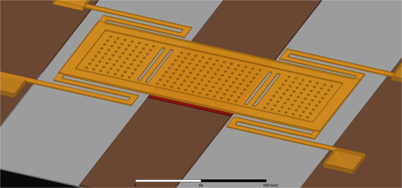Tilted view of membrane on co-planar waveguides.