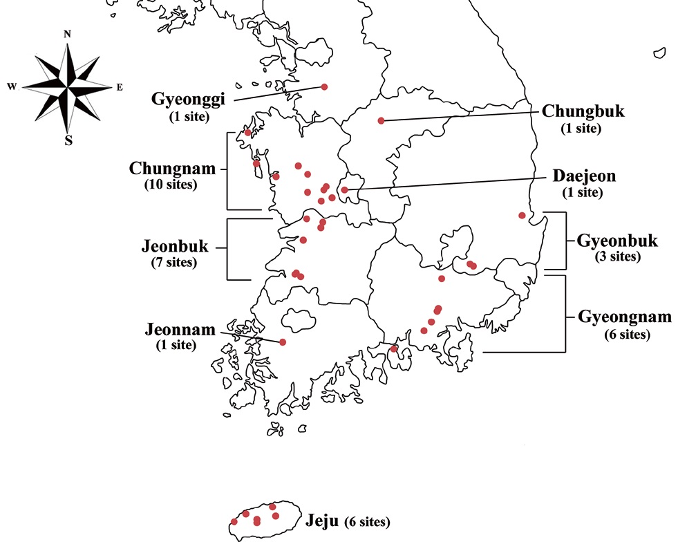 Distributions of the genus Cryptomonas species from Korea.