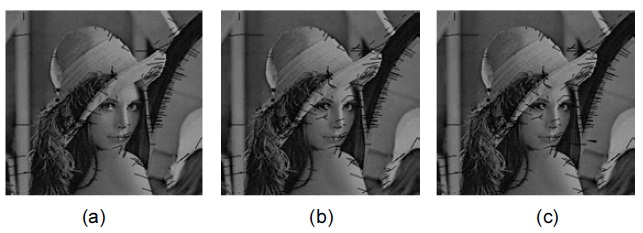 Features detected by scale invariant feature transform algorithm
with a changing number of scales. (a) 2 octaves, (b) 3 octaves, and (c) 4
octaves.