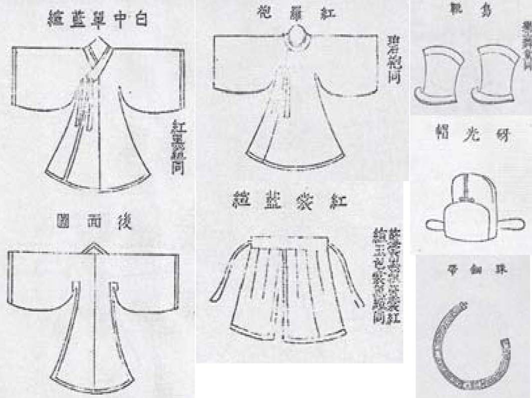 Dresses worn by boy dancers,
『Sunjo Muja Jinjak Uigwe』(1828),
Gyu14364.
http://e-kyujanggak.snu.ac.kr