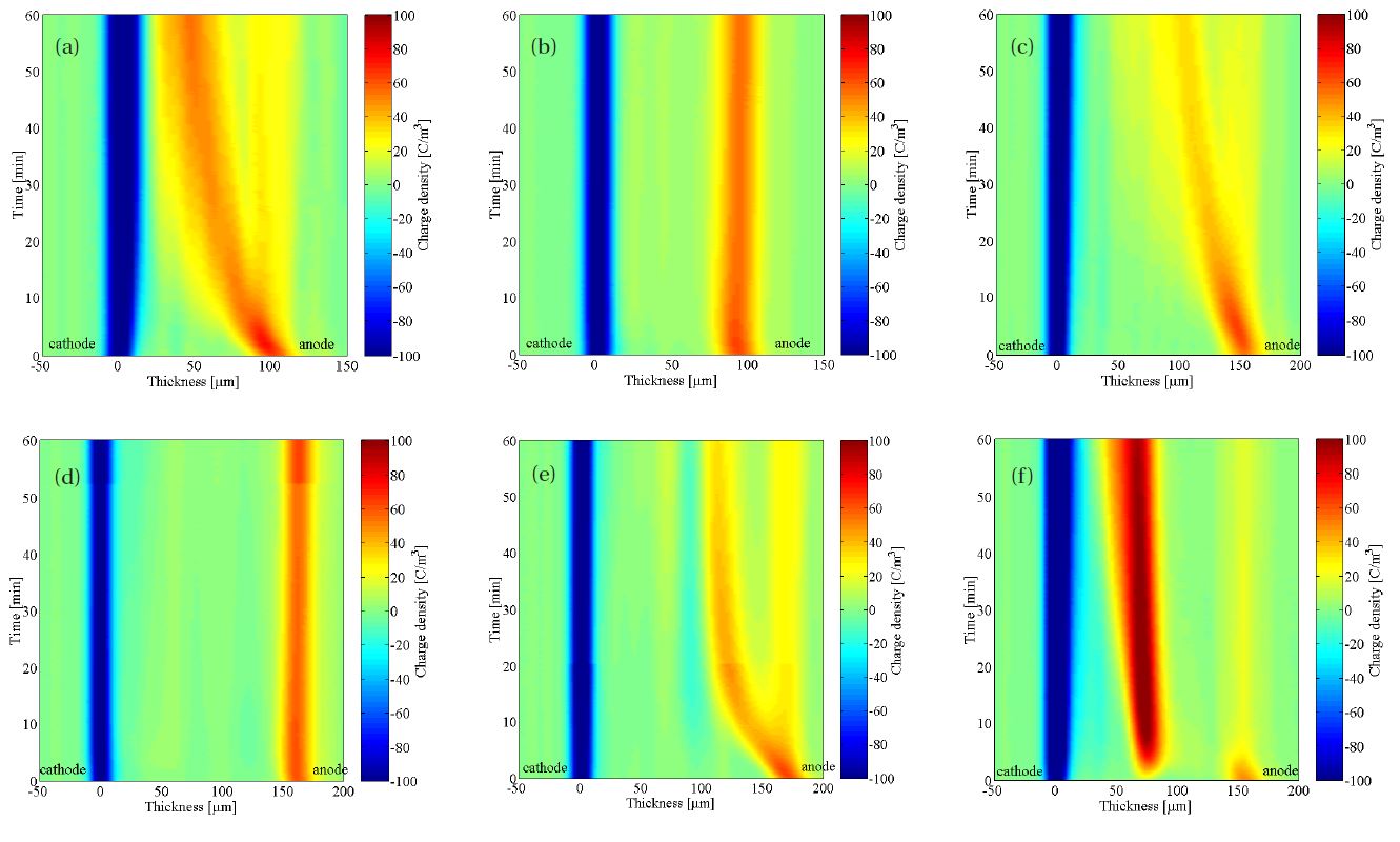Time-dependent changes of space charge distributions in various samples at room temperature during the application of a dc electric field of 100 kV/mm (a) Z (b) N (c) Z-Z (d) N-N (e) N-Z (f) Z-N.