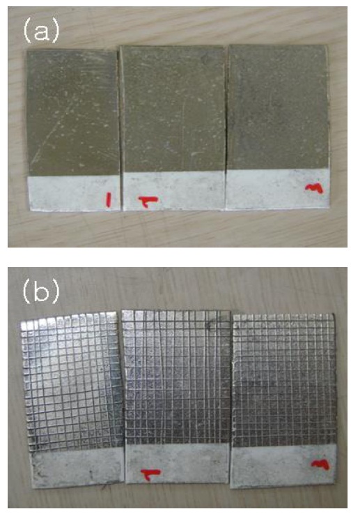 Results of adhesion strength test. From the left to the right, thesamples are A to C. (a) before and (b) after the test.