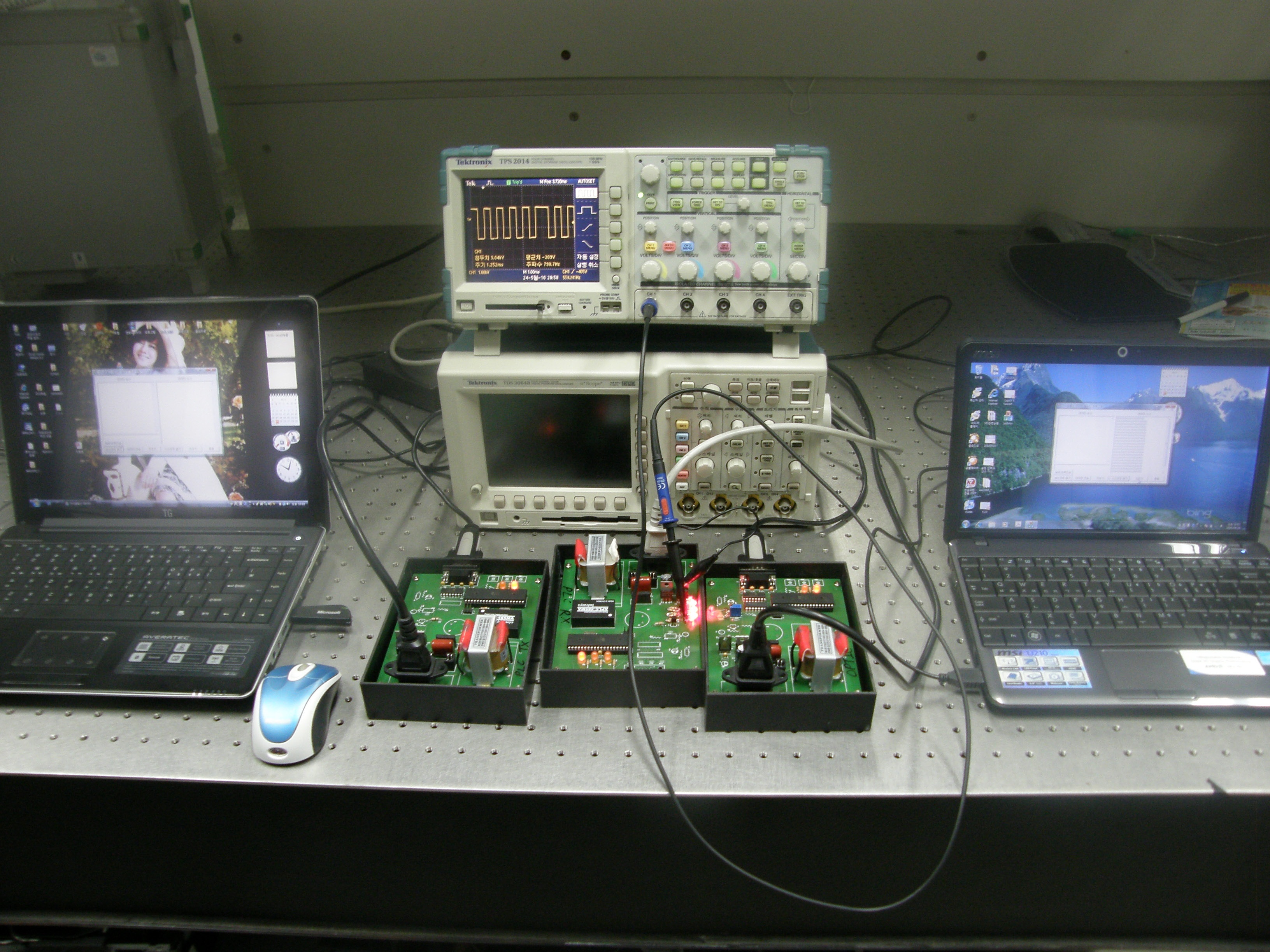 Visible light communication system performance evaluationand connection feature using oscilloscope.