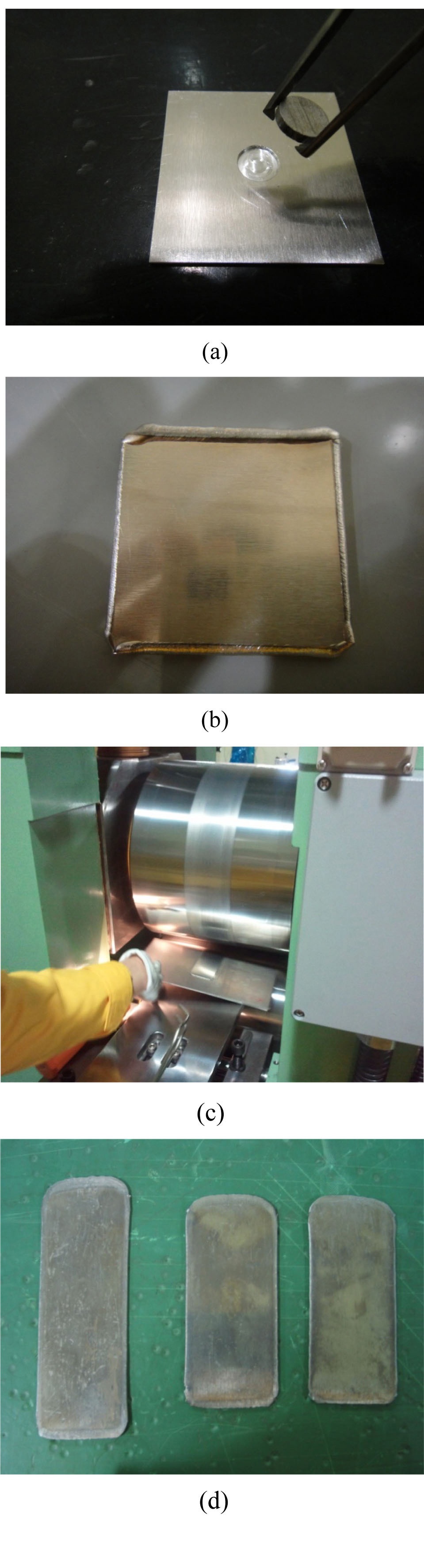Fabrication Procedures of Miniature Dispersion Targets; (a) Insertion a U/Al Dispersion Compact into an Al Cover Plate, (b) Electron Beam Welding of Sandwiched Al Cover Plates, (c) Hot Rolling of Welded Plates, (d) Hot Rolled Plates.