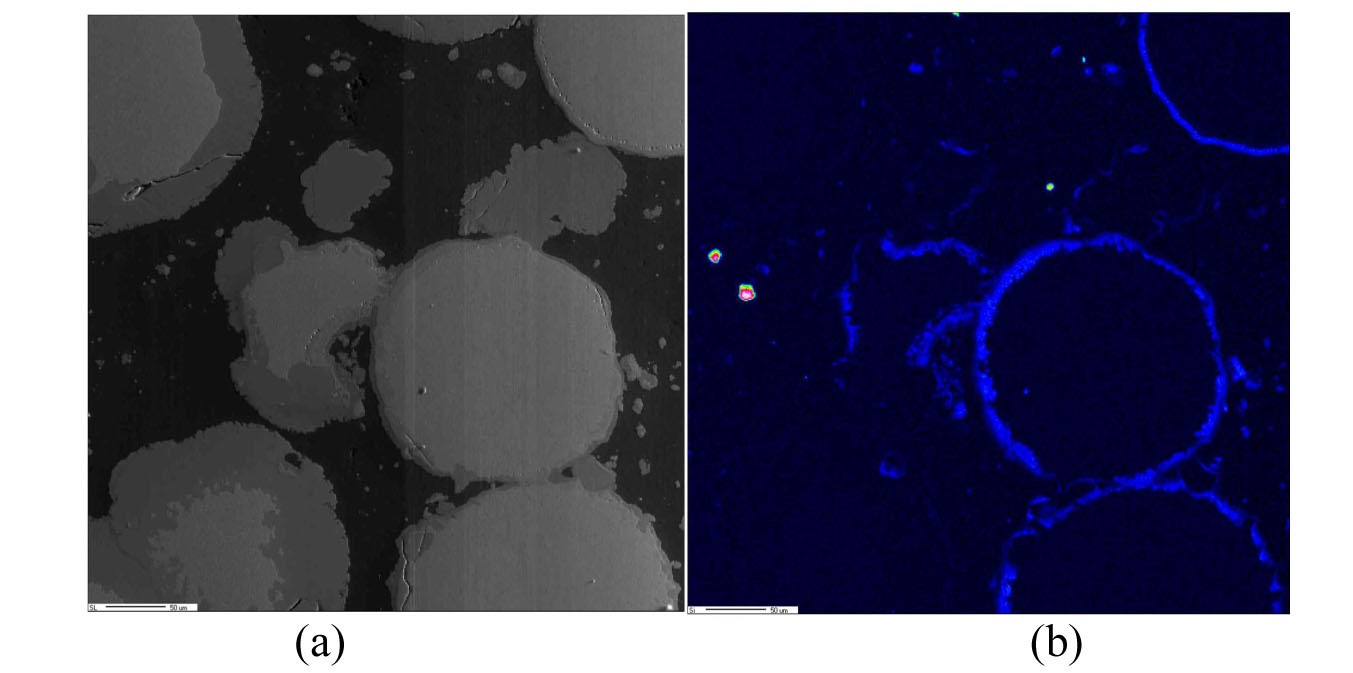 (a) An SEM Image of the Silicide-coated U-7Mo/Al
(68% U-235) and (b) X-ray Elemental Map of Si for the Same
Position.