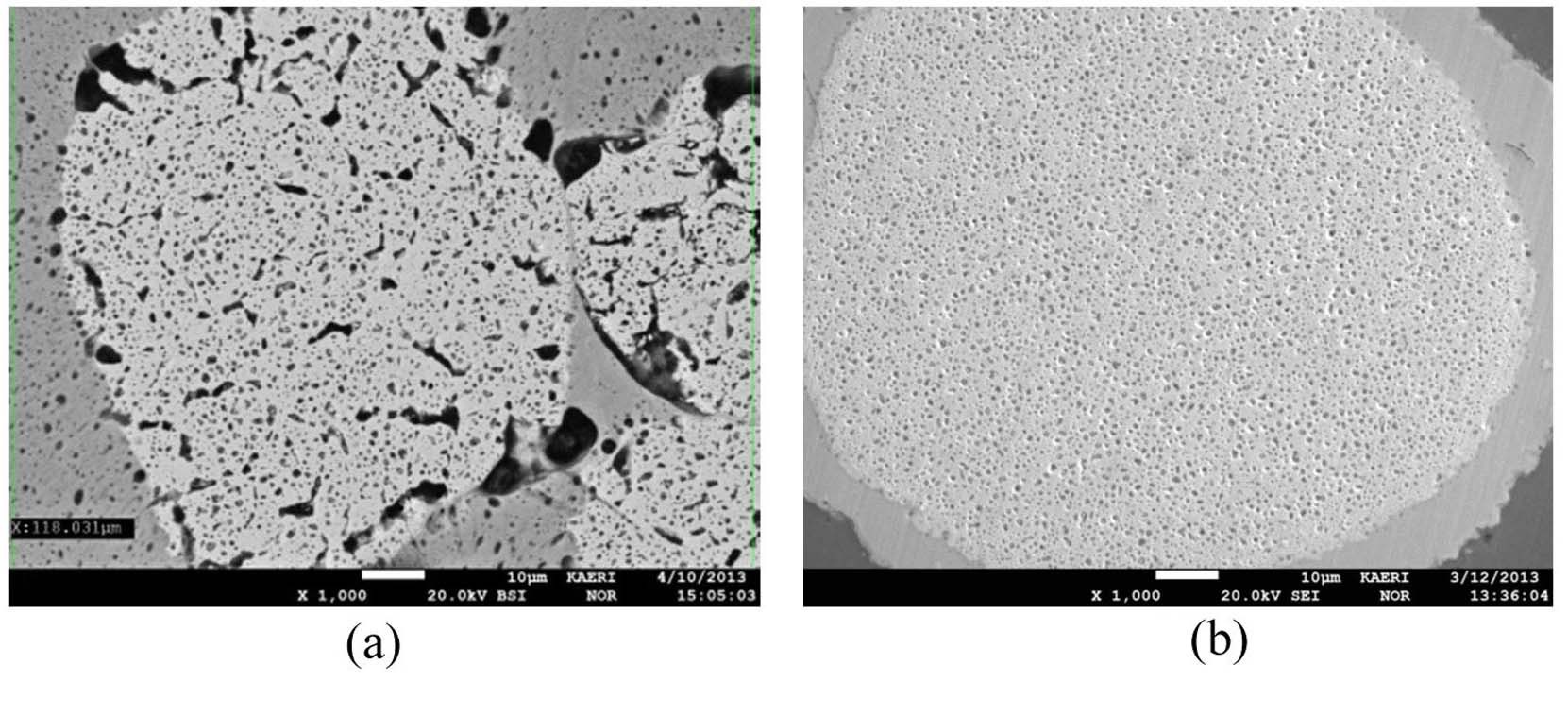 SEM Images of the Fission Gas Bubbles of (a) U-7Mo/Al-5Si and (b) U-7Mo-1Ti/Al-5Si at the Cross-sections
of 83% U-235 Burnup.