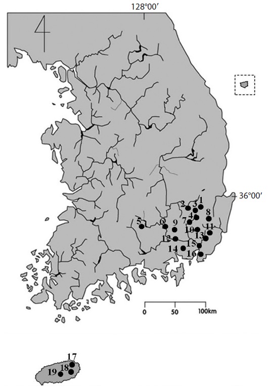 Location of sampling sites in the territory of Korea. Numbers on
the map represent as follow: 1, Guryong reservoir; 2, Otong reservoir; 3,
Sayang reservoir; 4, Unmoon lake; 5, Mochje; 6, Geokpo bridge; 7, Imdang
weir; 8, Okbang wet-lands; 9, Jangcheok reservoir; 10, Danjang stream;
11, Mujechineup; 12, Namji great bridge; 13, Sinbulsanneup; 14, Junam
reservoir; 15, Yangsan great bridger; 16, Samlak wet-lands; 17, Dongbaekdongsan;
18, Micheongul; 19, Mulyoungari. See detailed information of
sampling site in Table 1.