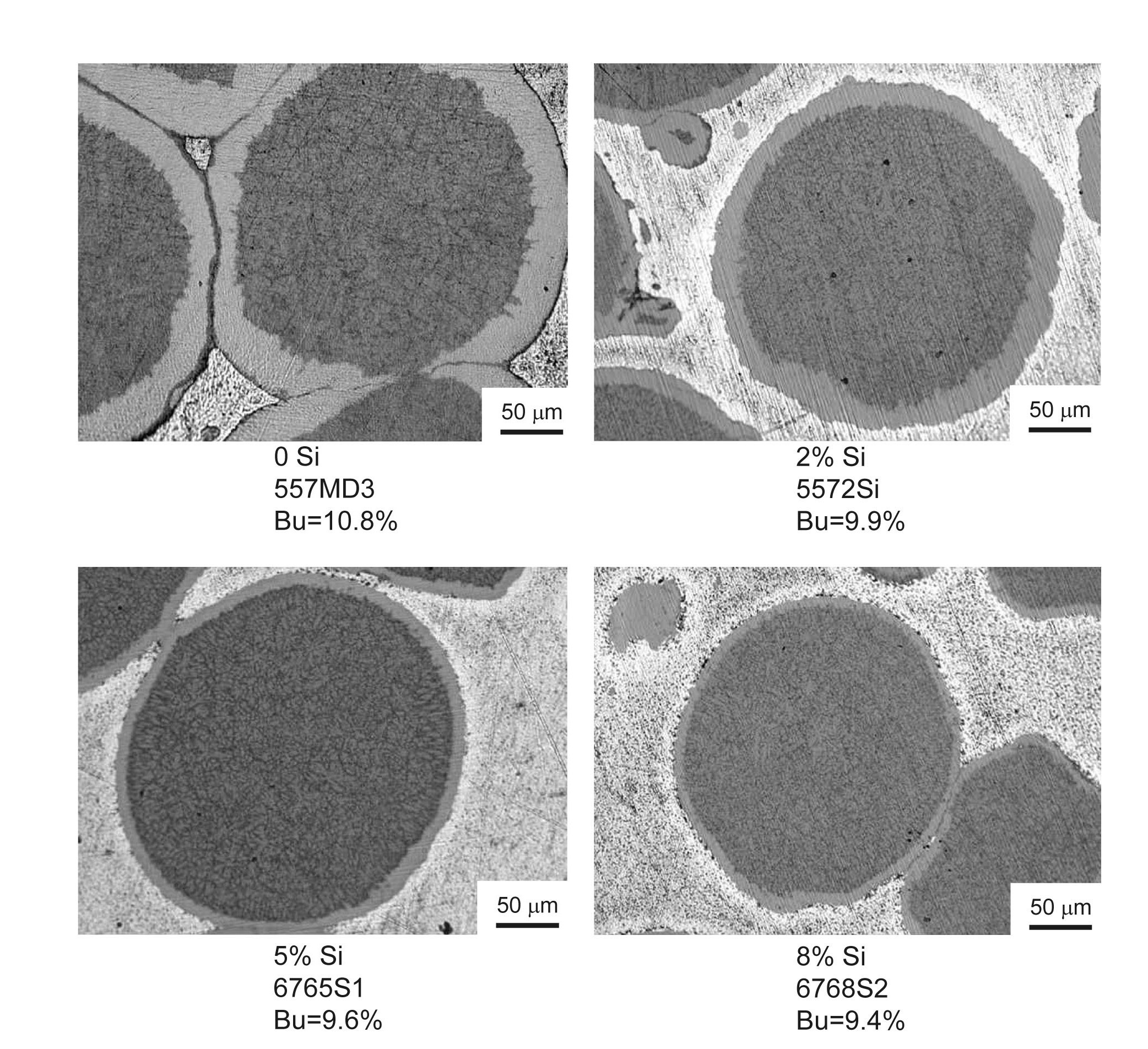 Post Irradiation Micrographs Showing Microstructures
of KOMO-4 Samples. The Burnup is in Percent Fission Per
Initial Heavy Metal Atom (FIHMA).
