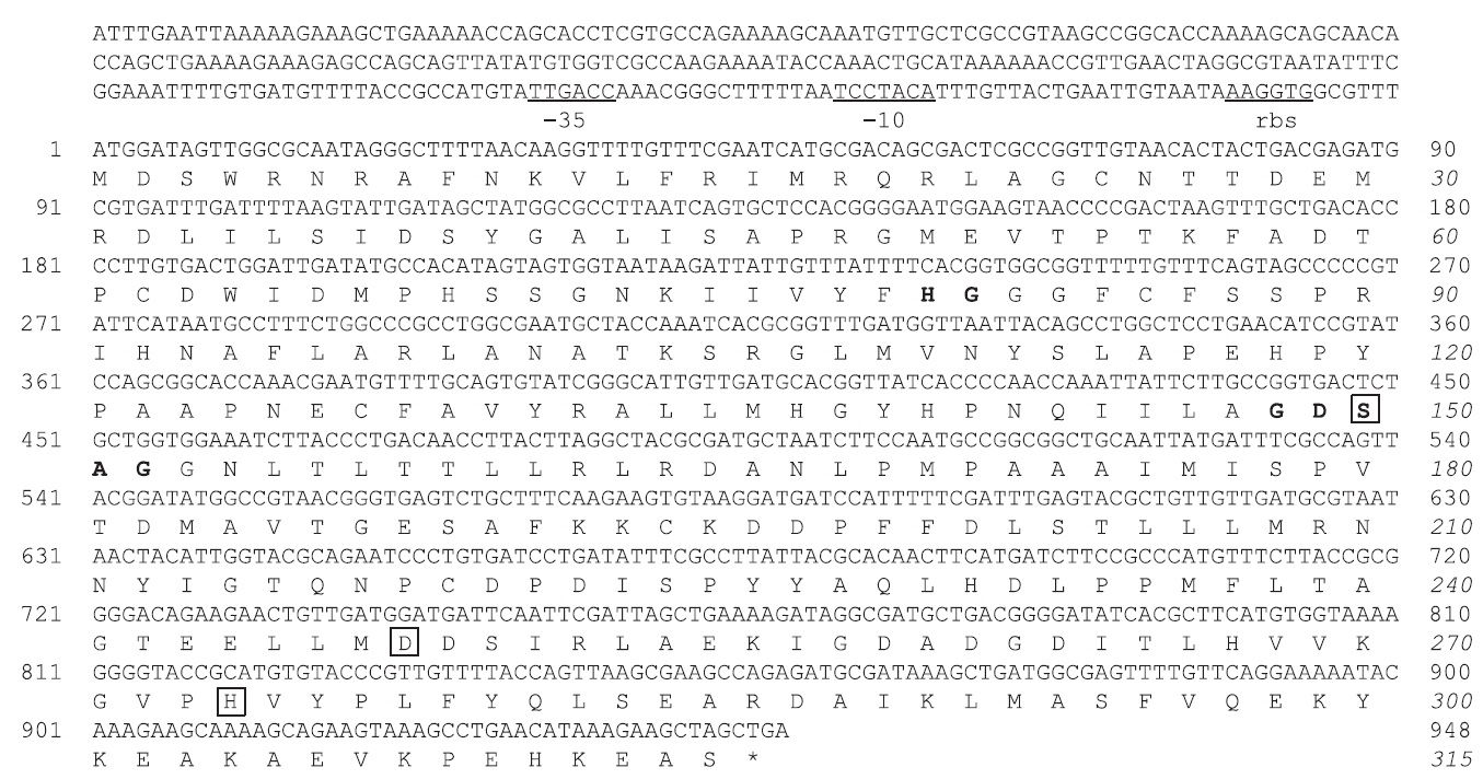 Nucleotide sequence of the MA1-3 esterase gene and its deduced amino acid sequence. Potential promoter regions (-10, -35) and ribosomal
binding-site (RBS) are labeled and underlined. The conserved Ser, Asp, and His residues that comprise a putative catalytic triad are boxed. Both conserved
pentapeptide sequence (Gly-X-Ser-X-Gly) and HG sequence (oxyanion hole) are indicated in bold. The sequence has been submitted to GenBank under
accession number KF431955.