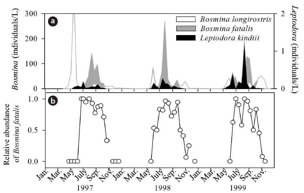 Seasonal and reciprocal succession of two Bosmina species in Lake Suwa from 1997 to 1999 (redrawn from Chang and Hanazato 2003). (a) Seasonal
changes in densities of B. longirostris, B. fatalis, and L. kindtii, and (b) relative abundance of B. fatalis (density of B. fatalis divided by total Bosmina density).