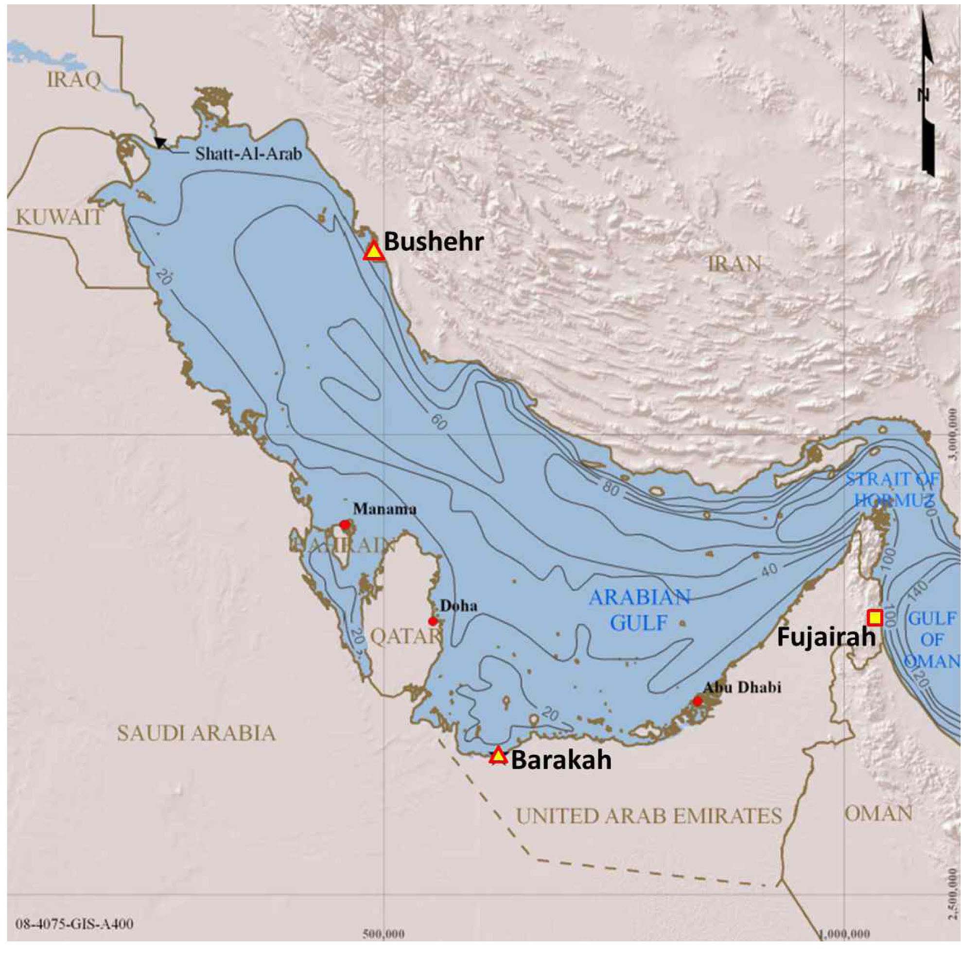 General Bathymetry Map of the Arabian Gulf, with Bushehr
(Northern Shore) and Barakah (Southern Shore) NPPs (Reference: ESRI 2008, World Shaded Relief Imagery, June 2008)