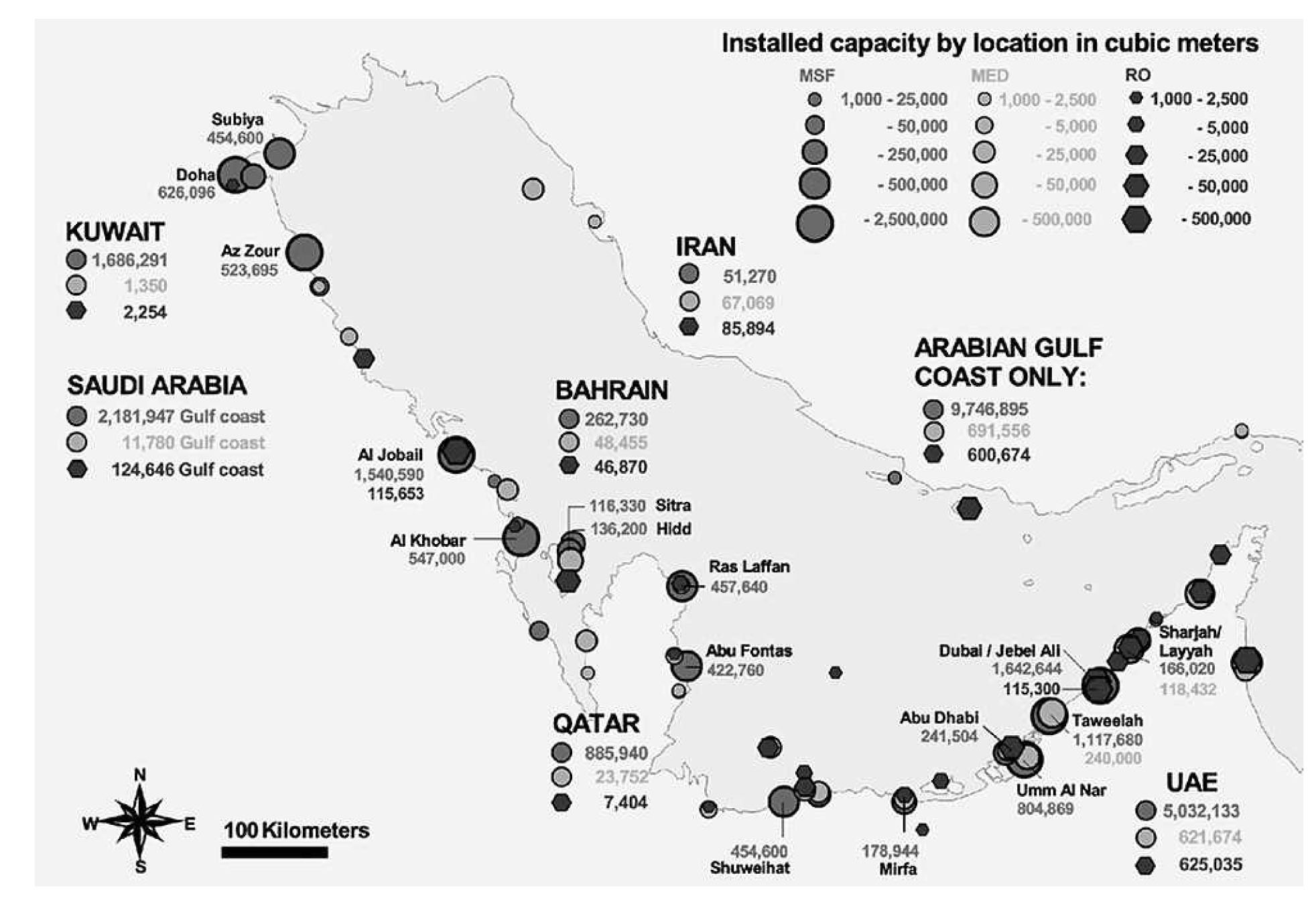Map of Desalination and Power Plant Facilities in the Arabian Gulf Showing the Installed Capacities for 3 types of Desalination Plants4