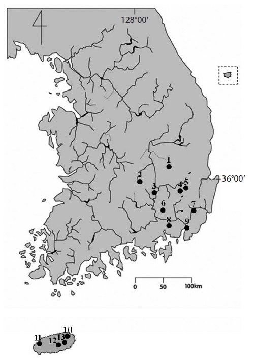 Location of sampling sites in the territory of Korea. Numbers on
the map represent as follow: 1, Gaecheon reservoir; 2, Deonghyen reservoir;
3, Jinchon swamp; 4, Bujae reservoir; 5, Guryong reservoir; 6, Jangcheok
reservoir; 7, Mujechineup; 8, Junam reservoir; 9, Samlak wet-lands;
10, Dongbaek-dongsan; 11, Dumo reservoir; 12, Mulyoungari oreum; 13,
Micheongul. See detailed information of sampling site in Table 1.