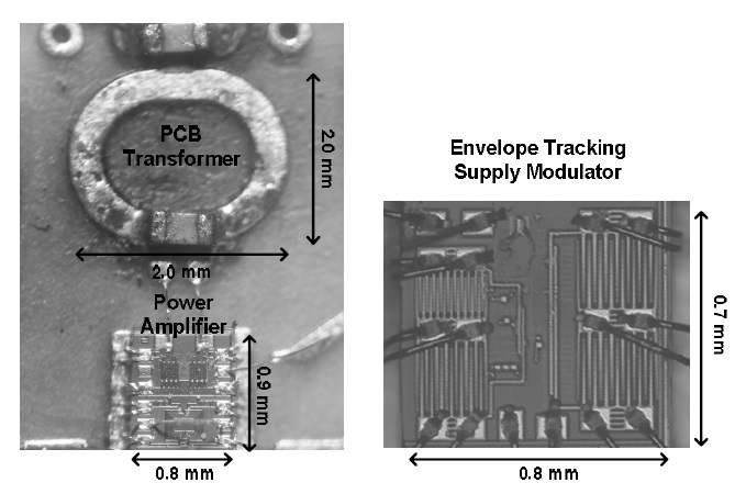 The micrographs of the test chips and printed circuit board (PCB) transformer.