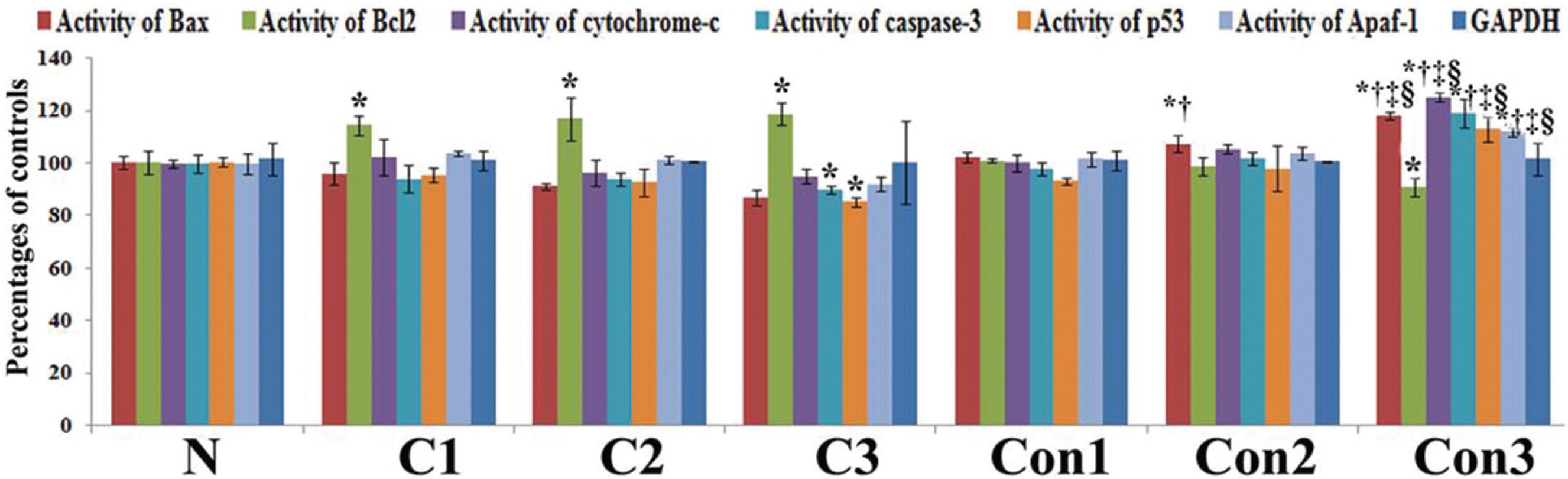 Protein expressions of different apoptotic markers by ELISA. *P < 0.05 normal (N) vs. cancer (C1, C2, C3) and normal vs. Condurango
(Con) treatment at the 5th, 6th & 7th month (Con1, Con2 and Con3). †P < 0.05 cancer vs. Condurango treatment at the 5th, 6th & 7th month. ‡P < 0.001
normal vs. cancer and normal vs. Condurango treatment at the 5th, 6th 7th month. §P < 0.05 cancer vs. Condurango treatment at the 5th, 6th & 7th
month.
Figure