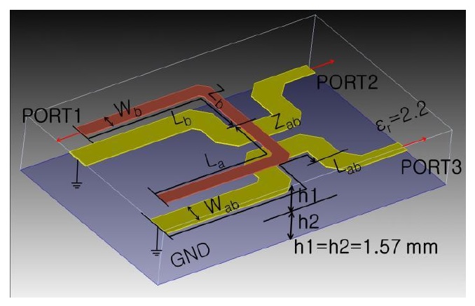 The physical layout of asymmetric coupled-section based Marchand balun.