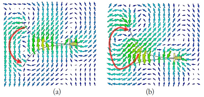 Simulated E-field distributions at low frequency of 2.7 GHz on (a) the symmetric and (b) the asymmetric TEM horns.
