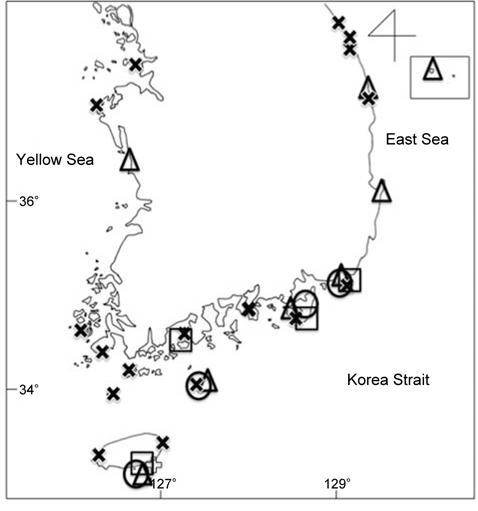The distribution of Korean species of the genus Pugettia. Cycles, P. intermedia; multiples, P. quadridens; pluses, P. minor; squares, P. incisa; triangles, P. pellucens.