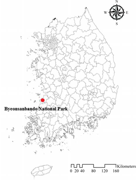 Distribution of Elmomorphus brevicornis Sharp in Korea.