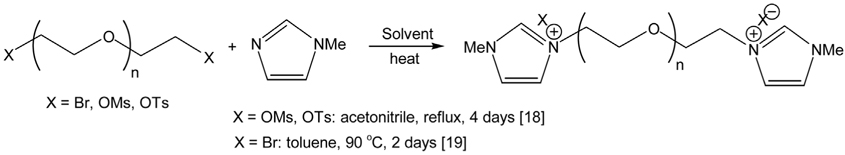 Conventional synthetic schemes for the preparation of oligo (eth ylene glycol) functionalized bis( 3-methylimidazolium) dication ionic liquids.