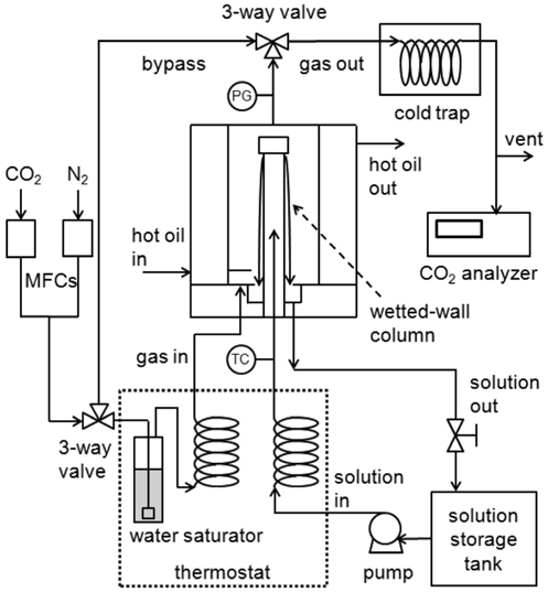 Schematic diagram of the wetted-wall column unit for measuring CO2 absorption rate.