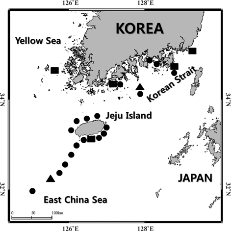Sampling area of eggs, larvae and adults of the hairtail from Korea (circles: eggs; triangles: larvae; squares: adults).