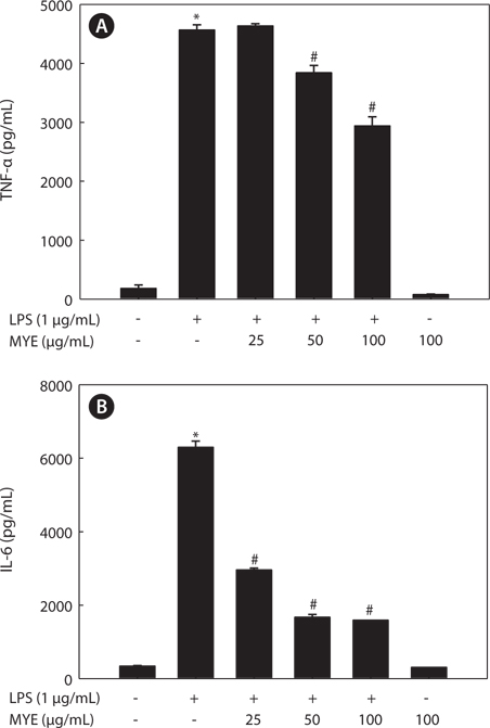Effect of Myagropsis yendoi ethanolic extracts (MYE) on the secretion of pro-inflammatory cytokines in lipopolysaccharide (LPS)- stimulated BV-2 cells. Cells pretreated with various concentrations of MYE were stimulated with or without LPS (1 μg/mL) for 24 h. Tumor necrosis factor-α (TNF-α) (A) and interleukin-6 (IL-6) (B) in the culture media were measured by ELISA. Data are means ± SDs of three independent experiments. *P < 0.05 indicates significant differences from the control group. #P < 0.05 indicates significant differences from the control group.