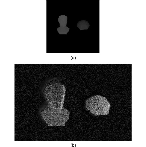 Depth map manipulation for time-of-flight camera method: (a) depth map and (b) reconstructed image.