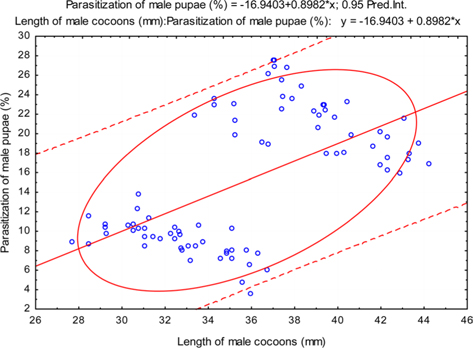 Scatter plot for parasitization of male pupae against length of male cocoons (mm).