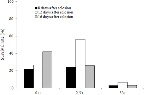 Survival rate of B. ignitus queens after two mo at coldapplication times and temperatures. Thirty queens were allotted for each experimental chilling temperature regime. There were significant differences between cold-application times and temperatures after cold treatment during two mo at p<0.001 using the Chi-square test.