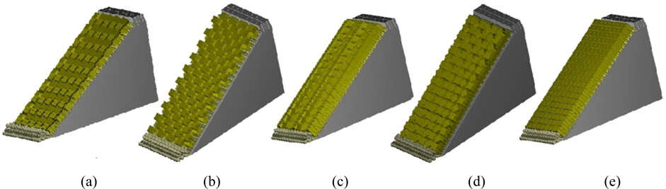 Virtual models of breakwater; (a) closed pyramid, (b) double pyramid, (c) irregular placement-type B, (d) irregular placement-type A and (e) regular placement.