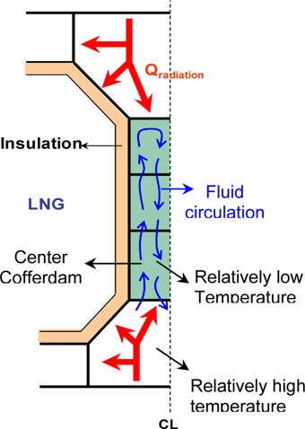 Heat transfer diagram in center cofferdam of 2 row LNG CCS.