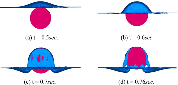 Free surface deformation during the water-exit (x-z plane).