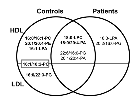 Candidate PL and LPL biomarkers found exclusively in control (five species in the left circle) and patient groups (two in the right circle). Molecules marked with bold in the overlapping region (center) indicate those that showed a significant decrease (> 5-fold) in patients, while those in plain text denote those molecules that showed a significant increase in patients. Permission to reproduce obtained from the publisher of ref. 14.