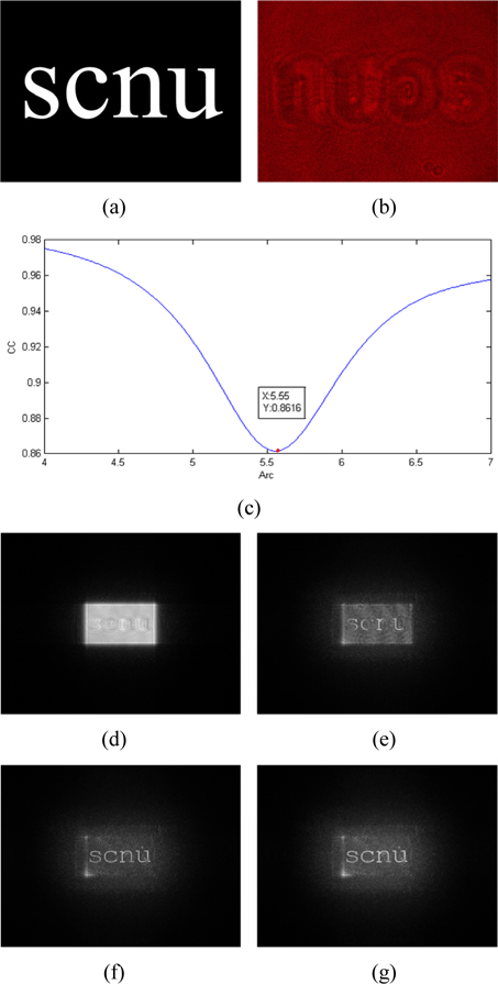 The experimental results of two-step algorithm based on the calculated intensity of reference beam for 2D objects: (a) original image, (b) one of the two holograms, (c) the curve of correlation coefficient versus reference wave amplitude Arc, (d) reconstruction result of single hologram, (e) reconstruction result using our method, (f) minus the mean value of (e), (g) mean filtering of (f).