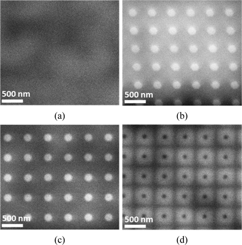 Monochromatic CL images of the InGaN/GaN LEDs (a) without nanoholes and with (b) 100-, (c) 150-, and (d) 250-nm-deep nano-hole arrays fabricated by ICP-RIE. The CL images are recorded at the MQW peak emission wavelength.
